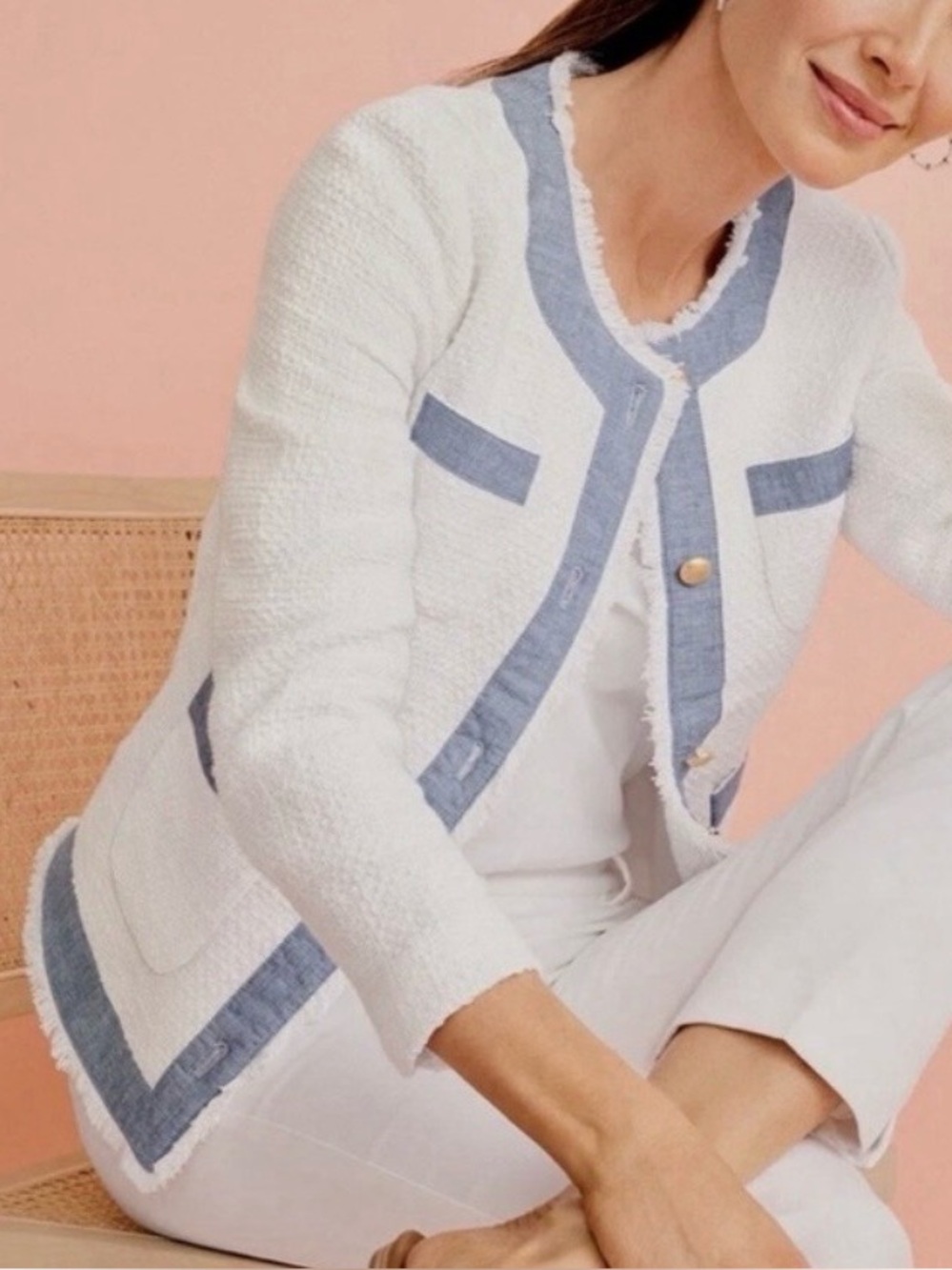Talbots White Tweed Jacket Blue Denim Trim Gold Buttons Fray Hem Size 12